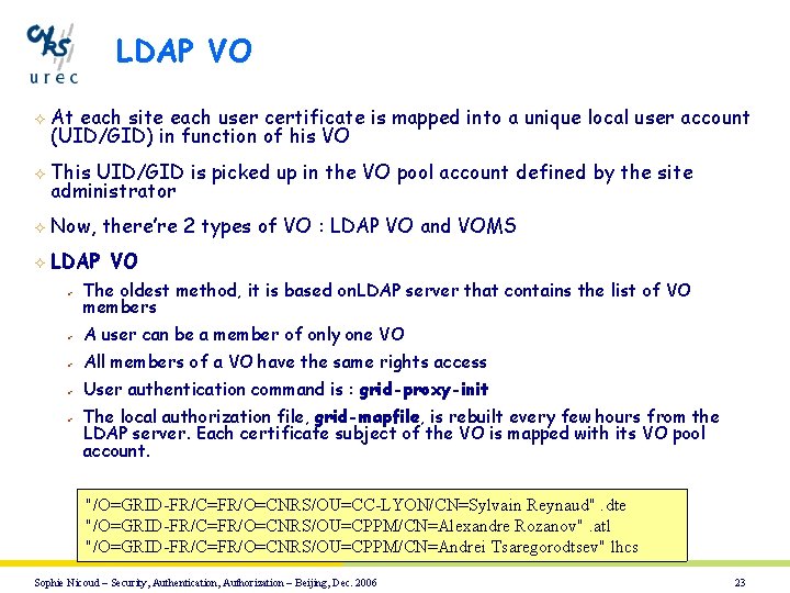 LDAP VO ² At each site each user certificate is mapped into a unique