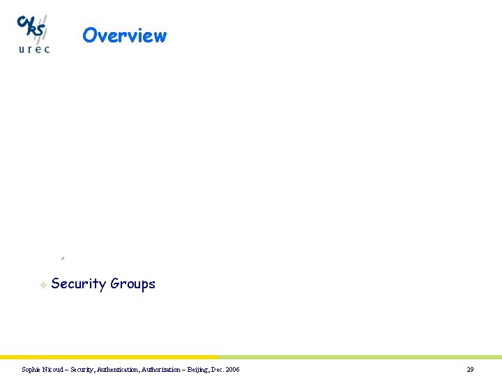 Overview ü ² Security Groups Sophie Nicoud – Security, Authentication, Authorization – Beijing, Dec.