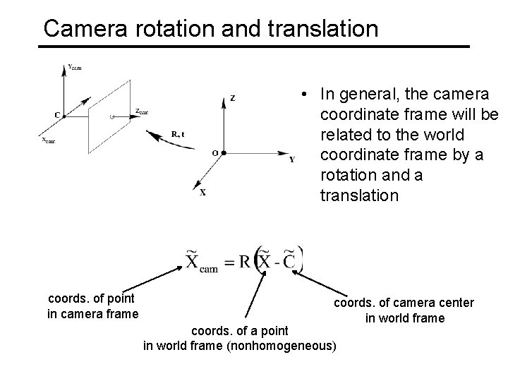 Camera rotation and translation • In general, the camera coordinate frame will be related Camera rotation and translation • In general, the camera coordinate frame will be related