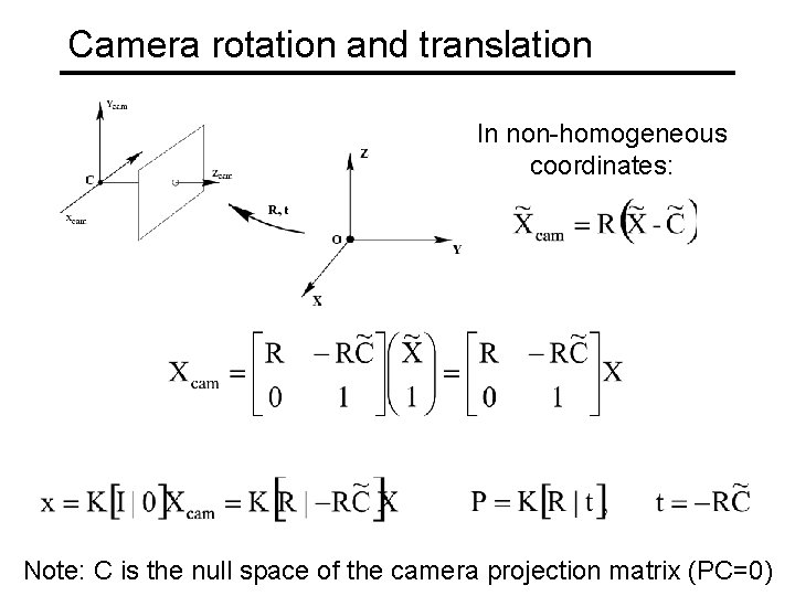 Camera rotation and translation In non-homogeneous coordinates: Note: C is the null space of Camera rotation and translation In non-homogeneous coordinates: Note: C is the null space of