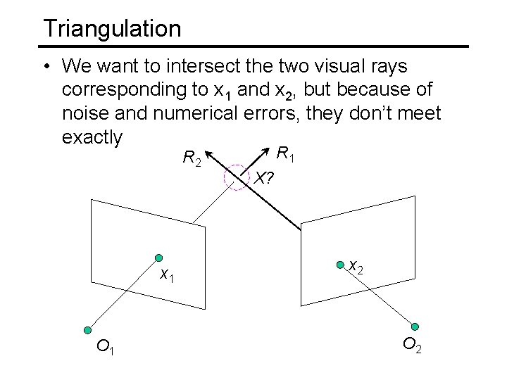 Triangulation • We want to intersect the two visual rays corresponding to x 1 Triangulation • We want to intersect the two visual rays corresponding to x 1