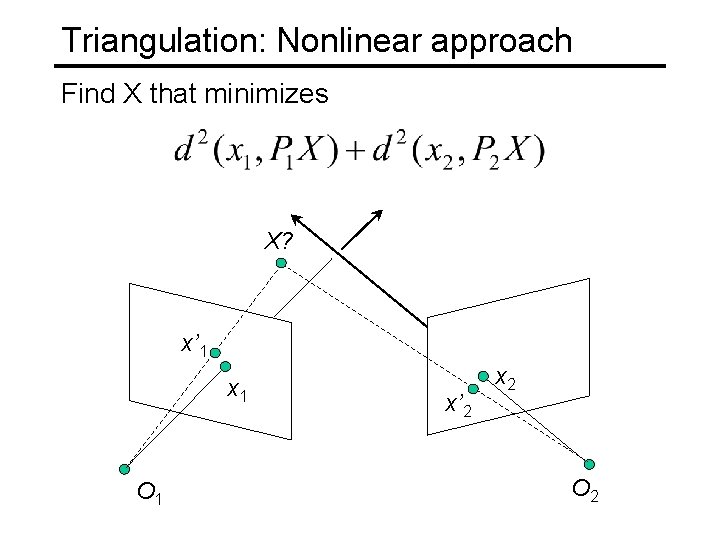 Triangulation: Nonlinear approach Find X that minimizes X? x’ 1 x 1 O 1 Triangulation: Nonlinear approach Find X that minimizes X? x’ 1 x 1 O 1
