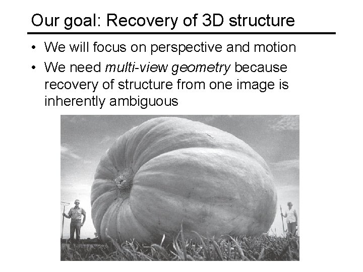 Our goal: Recovery of 3 D structure • We will focus on perspective and Our goal: Recovery of 3 D structure • We will focus on perspective and