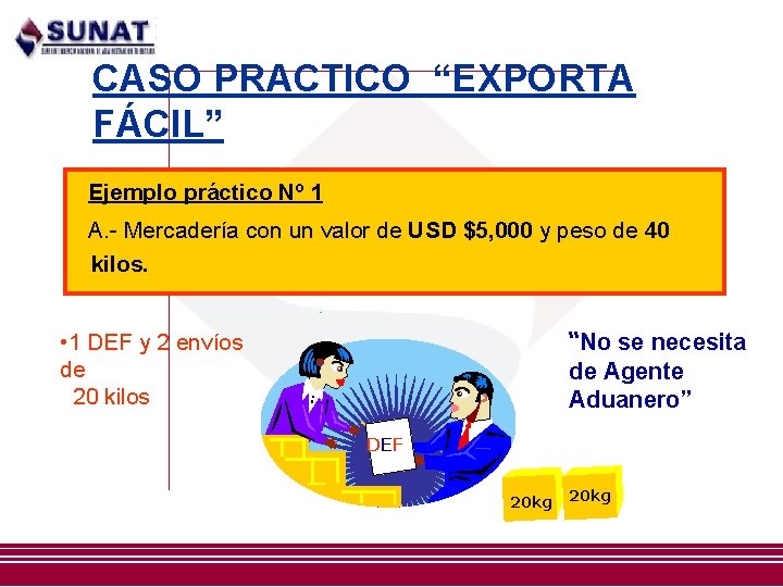 CASO PRACTICO “EXPORTA FÁCIL” Ejemplo práctico Nº 1 A. - Mercadería con un valor CASO PRACTICO “EXPORTA FÁCIL” Ejemplo práctico Nº 1 A. - Mercadería con un valor