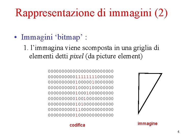 Rappresentazione di immagini (2) • Immagini ‘bitmap’ : 1. l’immagina viene scomposta in una Rappresentazione di immagini (2) • Immagini ‘bitmap’ : 1. l’immagina viene scomposta in una