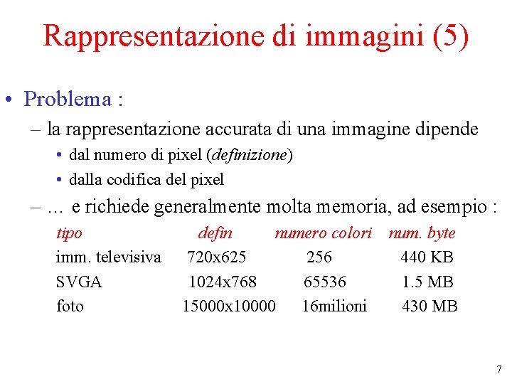 Rappresentazione di immagini (5) • Problema : – la rappresentazione accurata di una immagine Rappresentazione di immagini (5) • Problema : – la rappresentazione accurata di una immagine