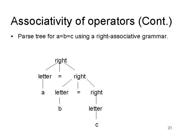 Associativity of operators (Cont. ) • Parse tree for a=b=c using a right-associative grammar.