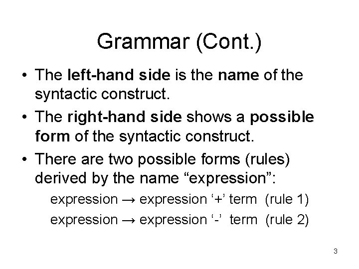Grammar (Cont. ) • The left-hand side is the name of the syntactic construct.