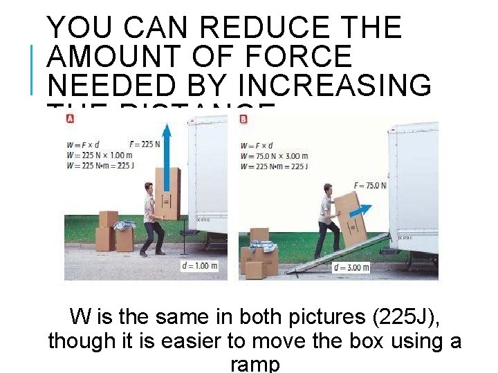 YOU CAN REDUCE THE AMOUNT OF FORCE NEEDED BY INCREASING THE DISTANCE. W is