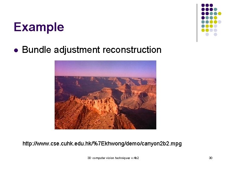 Example l Bundle adjustment reconstruction http: //www. cse. cuhk. edu. hk/%7 Ekhwong/demo/canyon 2 b