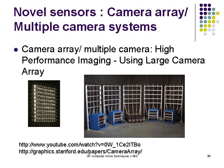 Novel sensors : Camera array/ Multiple camera systems l Camera array/ multiple camera: High