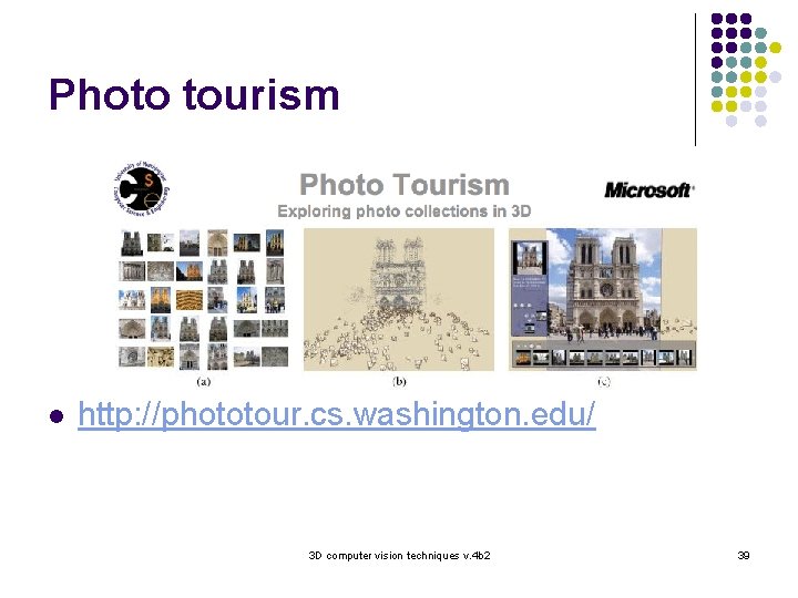 Photo tourism l http: //phototour. cs. washington. edu/ 3 D computer vision techniques v.