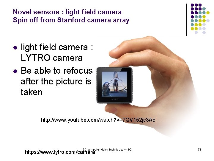 Novel sensors : light field camera Spin off from Stanford camera array l l