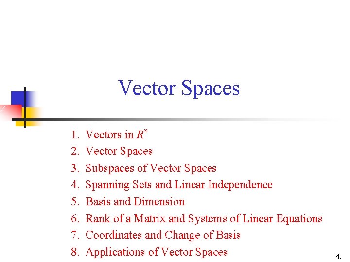 Vector Spaces 1. Vectors in Rn 2. Vector Spaces 3. Subspaces of Vector Spaces