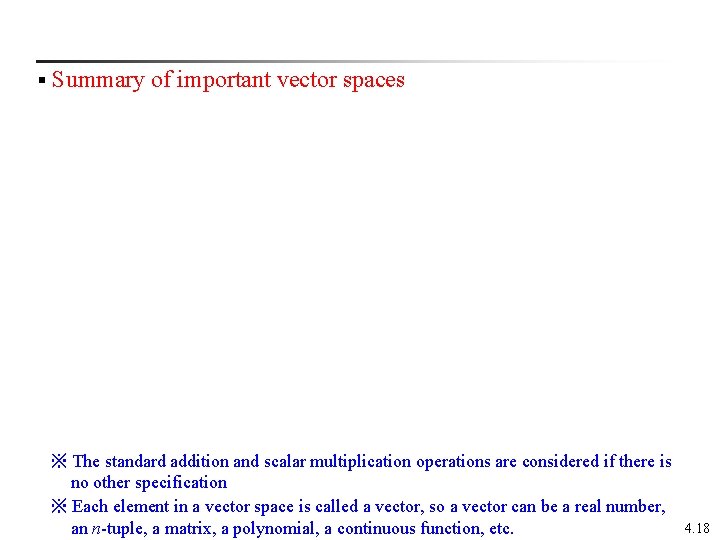 § Summary of important vector spaces ※ The standard addition and scalar multiplication operations