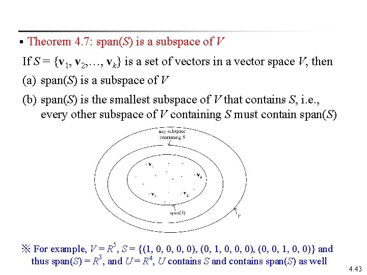 § Theorem 4. 7: span(S) is a subspace of V If S = {v