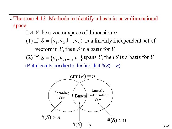 Theorem 4. 12: Methods to identify a basis in an n-dimensional space Let V