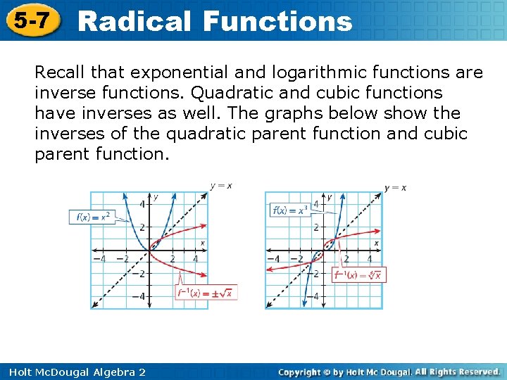 5 -7 Radical Functions Recall that exponential and logarithmic functions are inverse functions. Quadratic