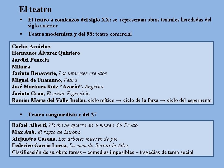 El teatro § § El teatro a comienzos del siglo XX: se representan obras