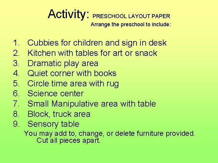 Activity: PRESCHOOL LAYOUT PAPER Arrange the preschool to include: 1. 2. 3. 4. 5.