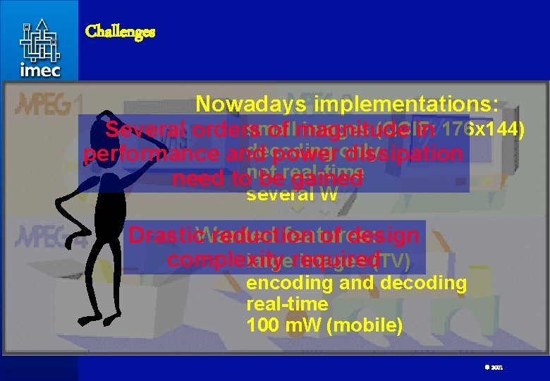 Challenges Nowadays Multimedia: implementations: MPEG 4 JPEG 2000 small images (QCIF: Several orders of