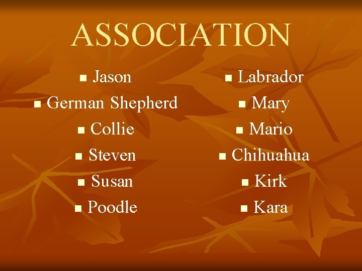 ASSOCIATION Jason n German Shepherd n Collie n Steven n Susan n Poodle n