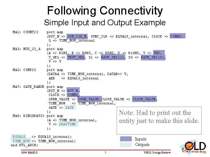 Following Connectivity Simple Input and Output Example MA 1: COUNT 23 port map (RST_N