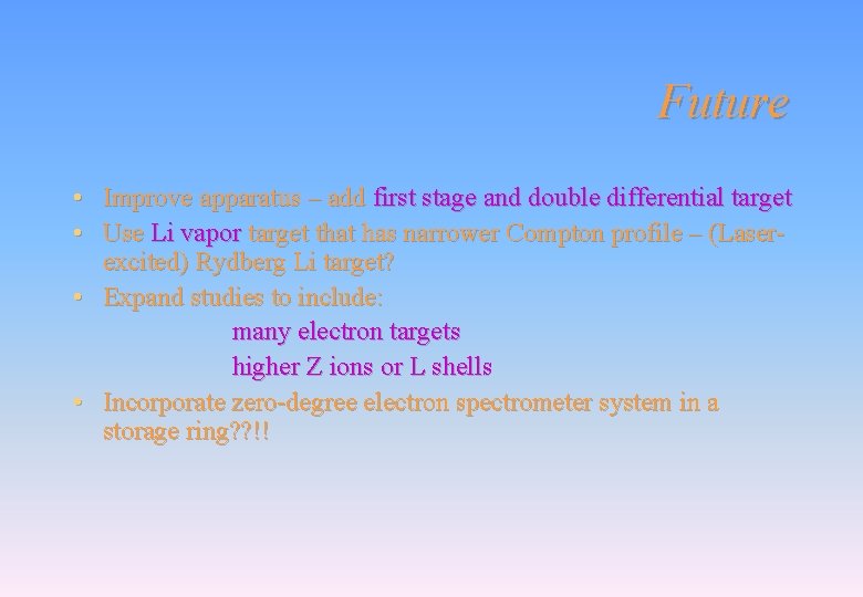 Future • Improve apparatus – add first stage and double differential target • Use Future • Improve apparatus – add first stage and double differential target • Use