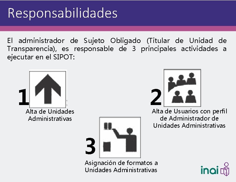 Responsabilidades El administrador de Sujeto Obligado (Titular de Unidad de Transparencia), es responsable de