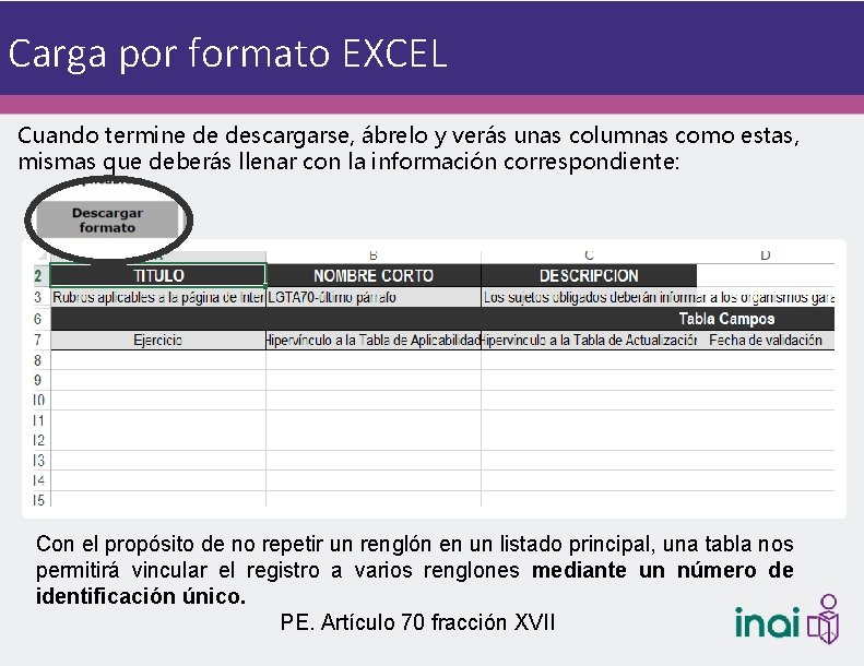 Carga por formato EXCEL Cuando termine de descargarse, ábrelo y verás unas columnas como