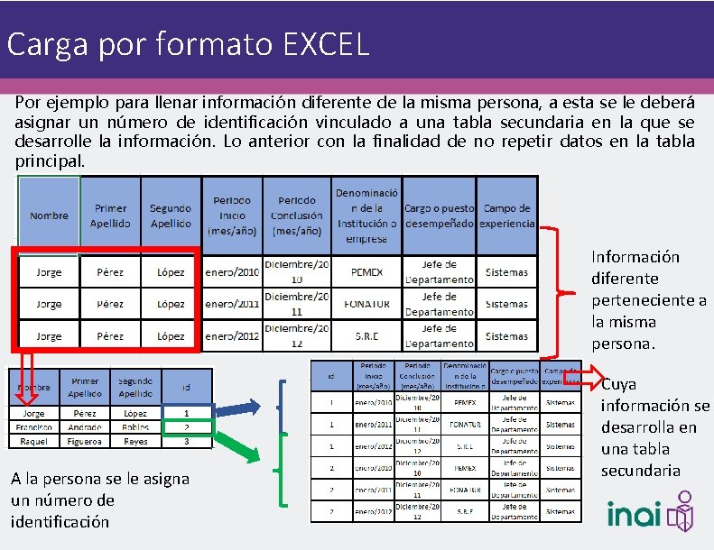 Carga por formato EXCEL Por ejemplo para llenar información diferente de la misma persona,