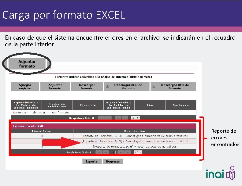 Carga por formato EXCEL En caso de que el sistema encuentre errores en el