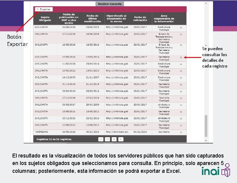 Botón Exportar Se pueden consultar los detalles de cada registro El resultado es la