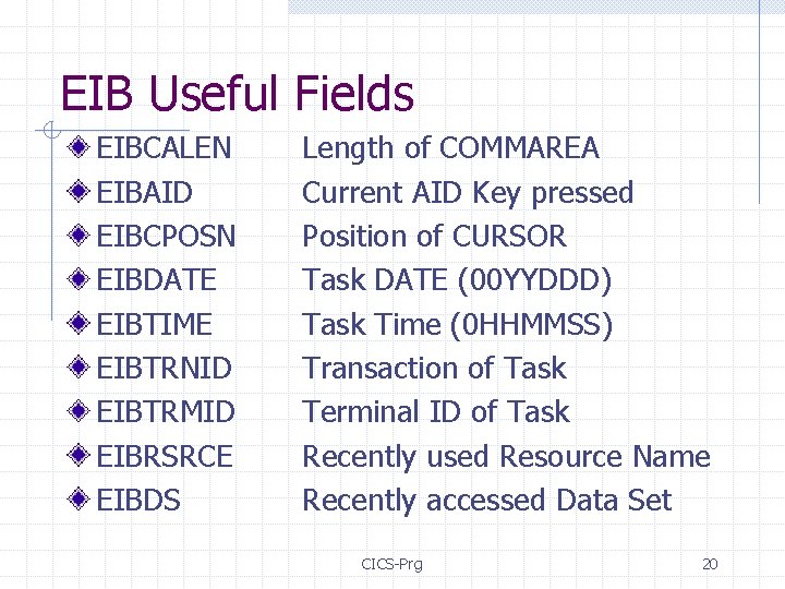 EIB Useful Fields EIBCALEN EIBAID EIBCPOSN EIBDATE EIBTIME EIBTRNID EIBTRMID EIBRSRCE EIBDS Length of