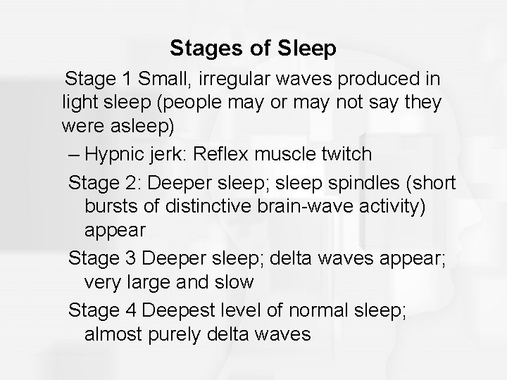 Stages of Sleep Stage 1 Small, irregular waves produced in light sleep (people may Stages of Sleep Stage 1 Small, irregular waves produced in light sleep (people may