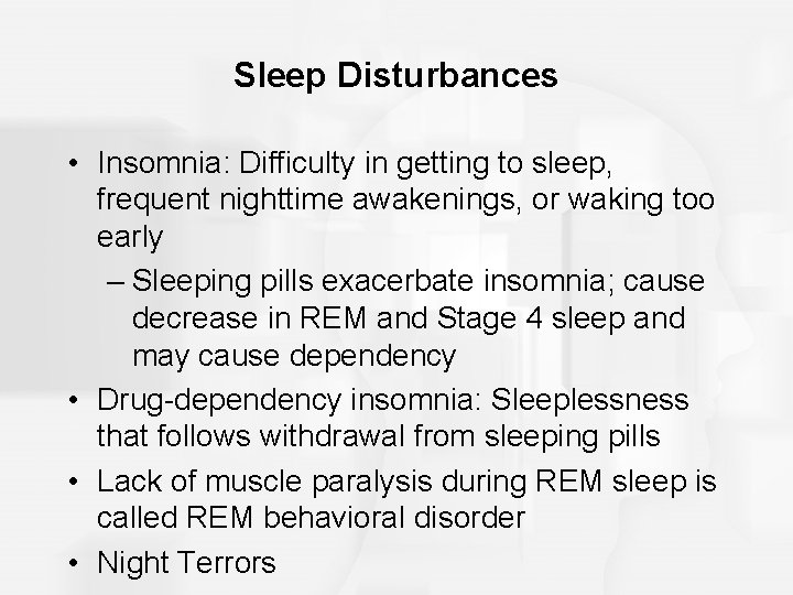 Sleep Disturbances • Insomnia: Difficulty in getting to sleep, frequent nighttime awakenings, or waking Sleep Disturbances • Insomnia: Difficulty in getting to sleep, frequent nighttime awakenings, or waking