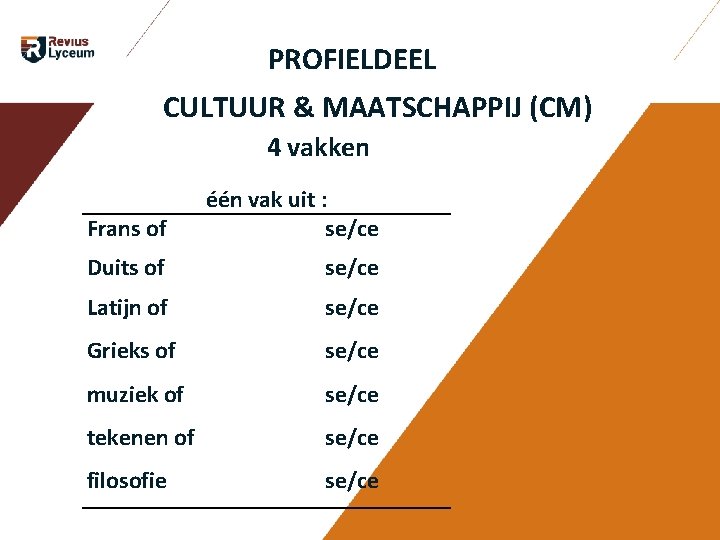 PROFIELDEEL CULTUUR & MAATSCHAPPIJ (CM) 4 vakken Frans of één vak uit : PROFIELDEEL CULTUUR & MAATSCHAPPIJ (CM) 4 vakken Frans of één vak uit :