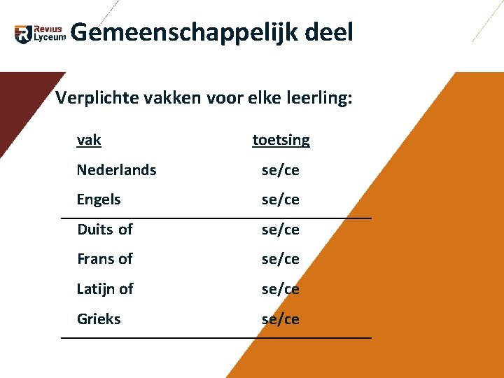 Gemeenschappelijk deel Verplichte vakken voor elke leerling: vak toetsing Nederlands se/ce Engels se/ce Gemeenschappelijk deel Verplichte vakken voor elke leerling: vak toetsing Nederlands se/ce Engels se/ce