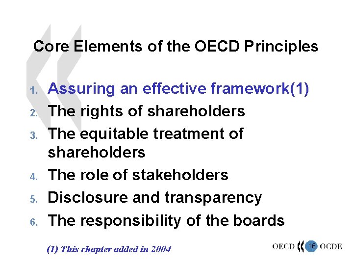 Core Elements of the OECD Principles 1. 2. 3. 4. 5. 6. Assuring an