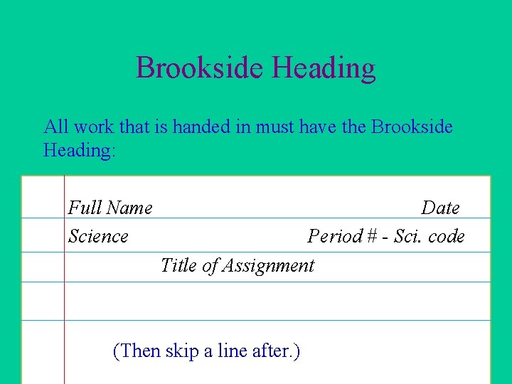 Brookside Heading All work that is handed in must have the Brookside Heading: Full