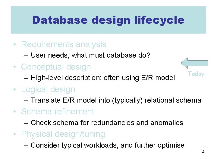 Database design lifecycle • Requirements analysis – User needs; what must database do? •