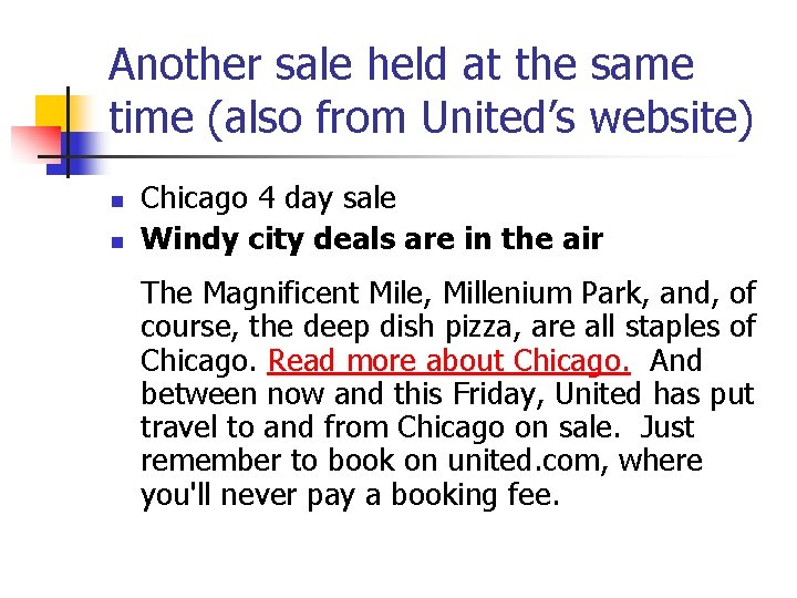Another sale held at the same time (also from United’s website) n n Chicago