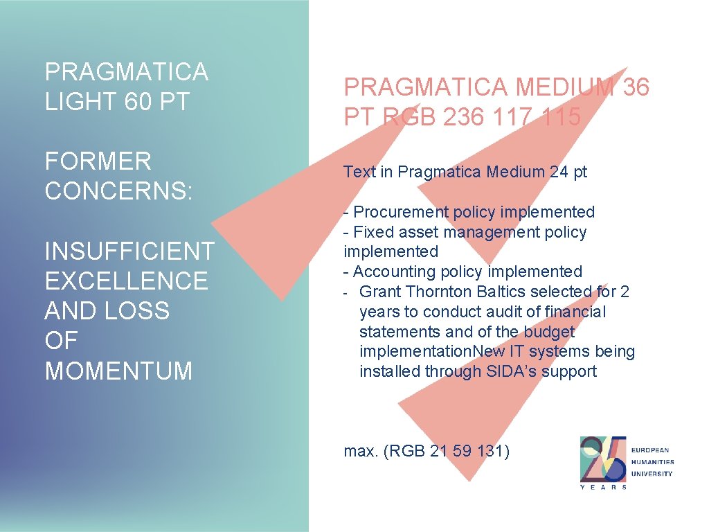 PRAGMATICA LIGHT 60 PT FORMER CONCERNS: INSUFFICIENT EXCELLENCE AND LOSS OF MOMENTUM PRAGMATICA MEDIUM