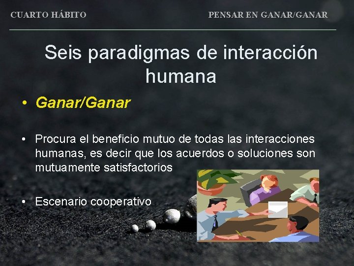 CUARTO HÁBITO PENSAR EN GANAR/GANAR Seis paradigmas de interacción humana • Ganar/Ganar • Procura