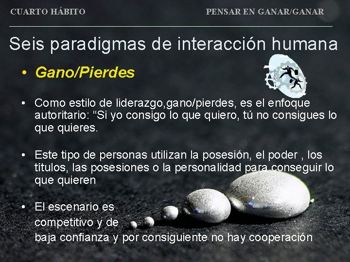 CUARTO HÁBITO PENSAR EN GANAR/GANAR Seis paradigmas de interacción humana • Gano/Pierdes • Como