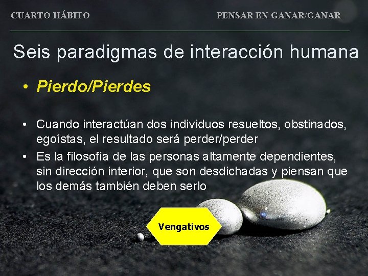 CUARTO HÁBITO PENSAR EN GANAR/GANAR Seis paradigmas de interacción humana • Pierdo/Pierdes • Cuando