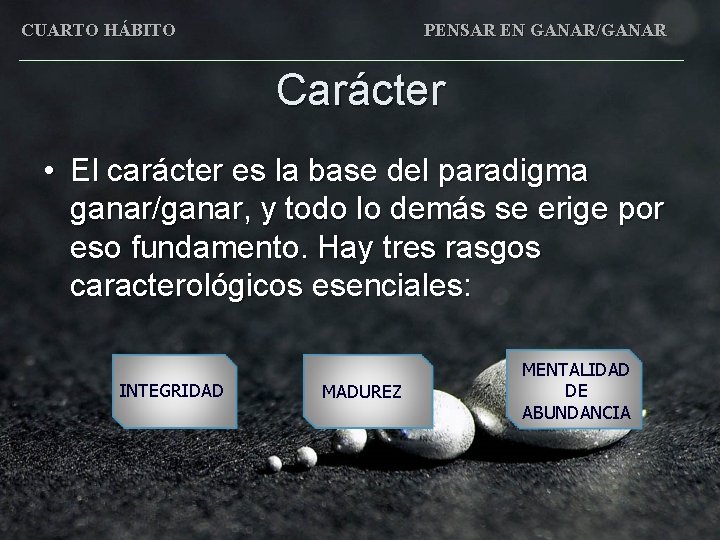 CUARTO HÁBITO PENSAR EN GANAR/GANAR Carácter • El carácter es la base del paradigma