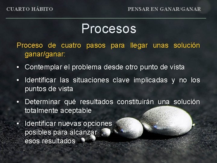 CUARTO HÁBITO PENSAR EN GANAR/GANAR Procesos Proceso de cuatro pasos para llegar unas solución