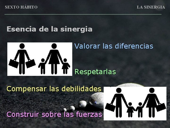 SEXTO HÁBITO LA SINERGIA Esencia de la sinergia Valorar las diferencias Respetarlas Compensar las