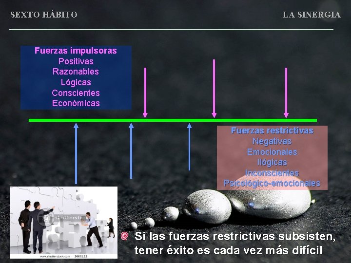 SEXTO HÁBITO LA SINERGIA Fuerzas impulsoras Positivas Razonables Lógicas Conscientes Económicas Fuerzas restrictivas Negativas